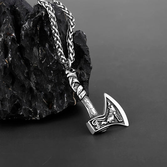 Viking Warriors Wolf And Crow Axe Necklace